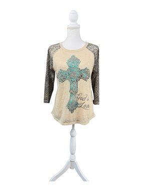 Southern Grace Cream Leopard Raglan God Is Love Cross Tee Size Medium